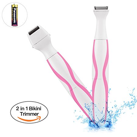 Bikini Trimmer, [Newest Design] 2 in 1 Women Shaver Waterproof Electric Razor Wet/Dry Cordless Ladyshave with Shaving and Bikini Head Perfect for Body, Face, Bikini Area Battery Included (Pink)