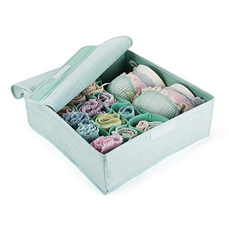 MEÉLIFE Foldable Fabric Underwear Organizer Bras Storage Box,Clothes Storage Drawer Basket Bins Containers with Lids Divider for Apparel Garments Socks Ties Scarves (Light Green)