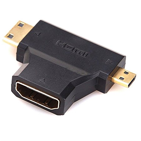 ANRANK AK0201HD HDMI 2 in 1 T Adapter Connector Female to Mini HDMI Male and Micro HDMI Male Adapter (Gold Plated, Black)