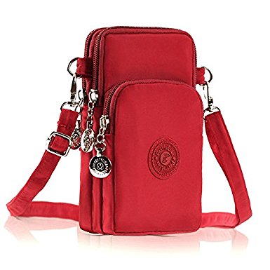 M.Way Multinational Outdoor Sports 3 Layers Storage Zipper Waterproof Nylon Crossbody Wrist Shoulder Bag Cell Phone Pouch Handbag Armband Case For iPhone6/7 Samsung S5 S6 S7 Under 5.5'' Claret
