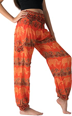 B BANGKOK PANTS Women's Harem Pants Bohemian Clothing Hippie Boho Elephant Pant Beach Casual Smocked High Waist