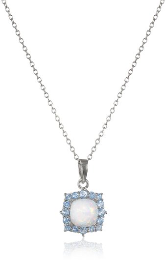 Rhodium Plated Sterling Silver Cushion Created Opal 7mm and Round Swiss Blue Topaz Pendant Necklace 18