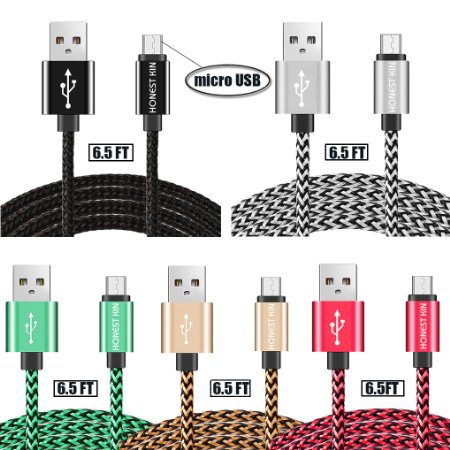 Honest kin Android Charge Cable 6.5 Ft [5-pack] [ with Gold Aluminium Shell Housing Head ] Colorful Nylon Braided Fabric Micro USB Charging & Sync Data Charger Cable Cord for Android