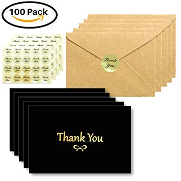 100 Thank You Cards Box Set With Gold Foil Embossed Designs | 4 x 6 Inches, Bulk Blank Note Cards With Envelopes and Gold Stickers | Perfect For Wedding, Graduation, Funeral, and Sympathy (Black)