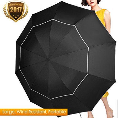 Fit-in Bag Golf Umbrella Compact & Lightweight, 63inch Rain/Wind Resistant Double Canopy Vented Golf-sized Large Travel Umbrella with Small Folding Length 11.8inch