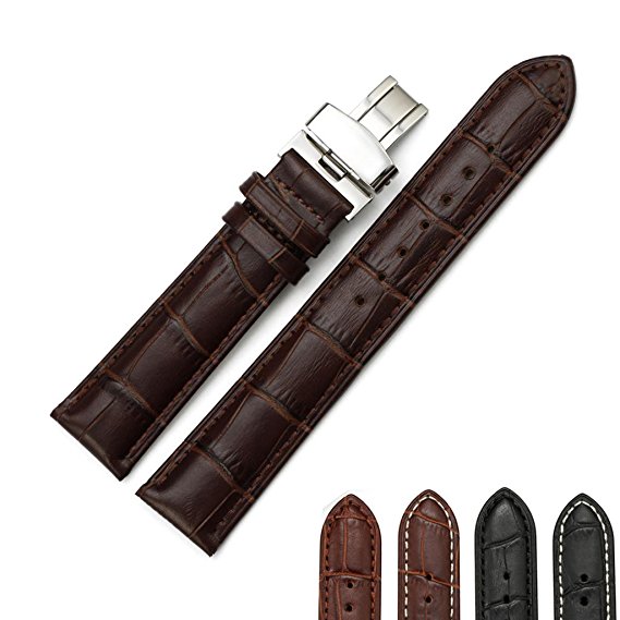 iStrap 24mm Calfskin Leather Strap Replacement Watch Band Metal Deployant Color & Width (18mm,19mm, 20mm,21mm,22mm or 24mm)