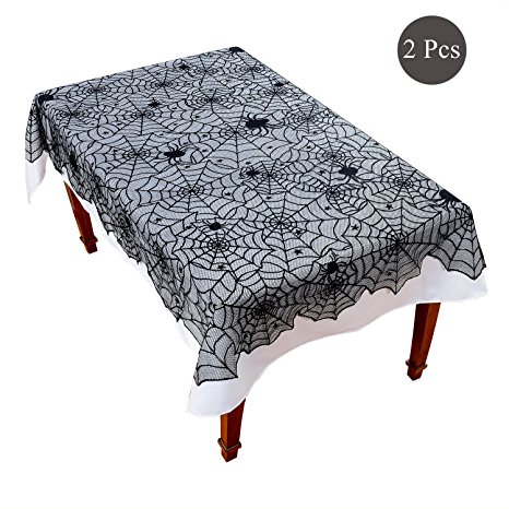 Halloween Lace Tablecloth Set - 2 Pcs Black Spider Web Gothic Polyester Fabric Rectangle Table Cover for Halloween Party Indoor Kitchen Decoration With 1 Black Overlay 54×72'' 1 White Liner 77×55''