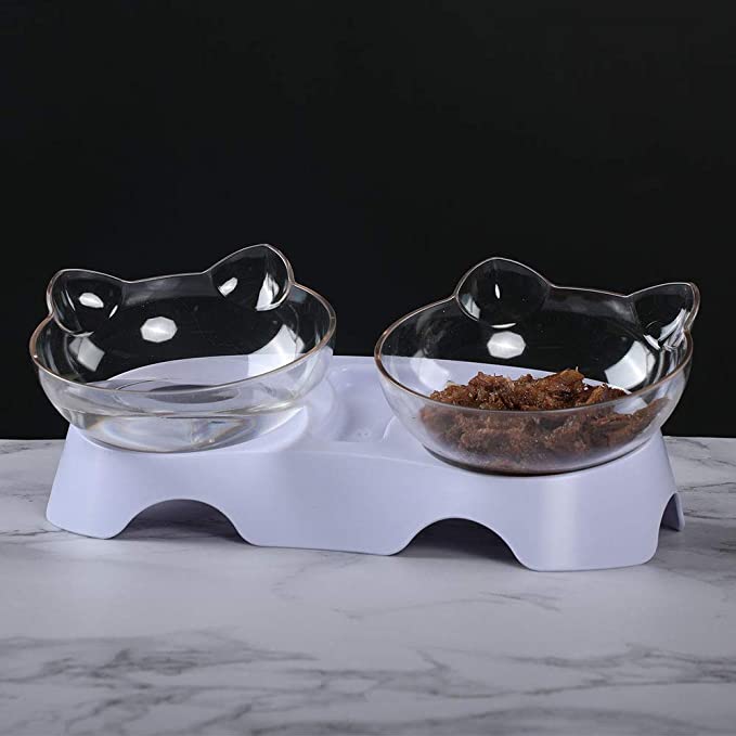Elevated Double Cat Bowl, Pet Feeding Bowl | 15°Tilted Raised Pet Bowl Stress-Free Suit for Cats Small Dogs