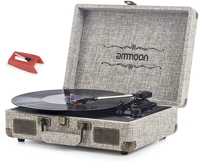 Vinyl Record Player, ammoon 3 Speed Turntable Blue Tooth Record Player with 2 Built in Stereo Speakers, Replacement Needle, Supports RCA Line Out, AUX in, Headphone Jack, Vintage Suitcase