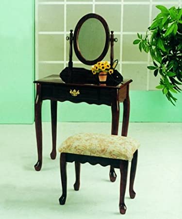 Roundhill Furniture Queen Anne Style Wood Makeup Vanity with Mirror and Bench, Cherry Finish