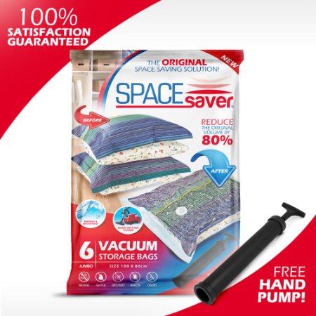 5 x Premium JUMBO Space Saver Bags Works With Any Vacuum Cleaner  FREE Hand-Pump for Travel Double-Zip Seal and Triple Seal Turbo-Valve for Max Compression 80 More Storage Than Other Brands