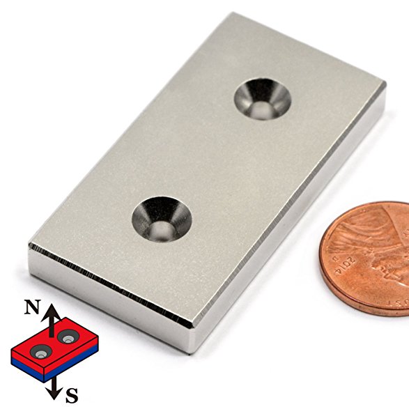 CMS Magnetics Very Powerful Neodymium Rare Earth Magnet 2x1x1/4 Inch w/ 2 #6 CouterSunk Holes - Science and Hobbies - One Piece