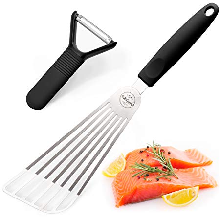 Fish Spatula Stainless Steel | Multipurpose Flexible Slotted Spatula, Non-Slip Silicone Handle for Turning, Frying,Grilling   Transferring – eggs, meat, fish and pancakes by BelleGuppy (black)