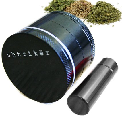 Shtriker Herb Grinder 2.5" - Tobacco Spice Crusher Grinder 4 Piece with Pollen and Kief Catcher Including Portable Herb Box (Black, Large Grinder, W/ Herb box)