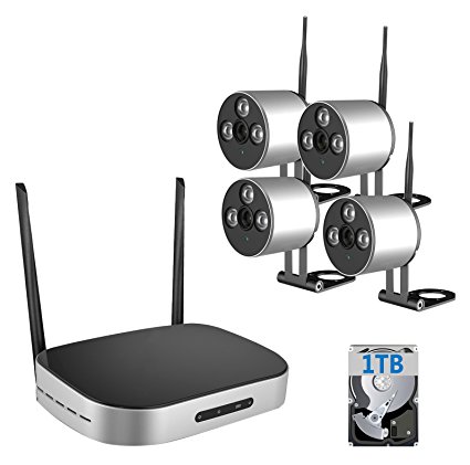 A-zone T1 Mini Wireless Home Security System Cameras 4CH 960P Wireless IP Cameras 80' IR for Video Security 1280 x 1.3MP Weatherproof IP Surveillance Camera Kit Support Smartphone with 1TB Hard Disk