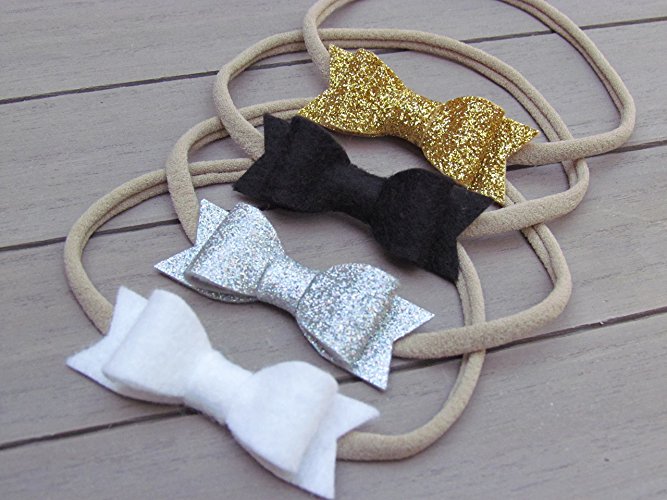 Handmade Headband Mini Bow Set of 4 Nylon Fits all Gold and Silver Special