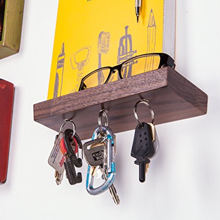 Rackless - Floating, Wall Mounted Shelf and Magnetic Key Rack, In 8” Solid Walnut Wood