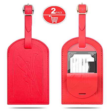 Luggage Tags, Gvoo PU Leather Bag Suitcase Label Tag Travel ID Card Holder Bag (2 Packs) Red