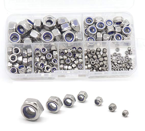 cSeao 210pcs Nylock Hex Self Locking Nuts Assortment Kit, Nylon Inserted Nuts, 304 Stainless Steel, Self Clinching Nuts