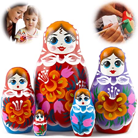 Russian Nesting Dolls for Kids 5 pcs - Wooden Matryoshka Stacking Toys Shelf Accent - Baboushka Nesting Dolls - 5 Munecas Rusas De Madera Decoracion Hogarena