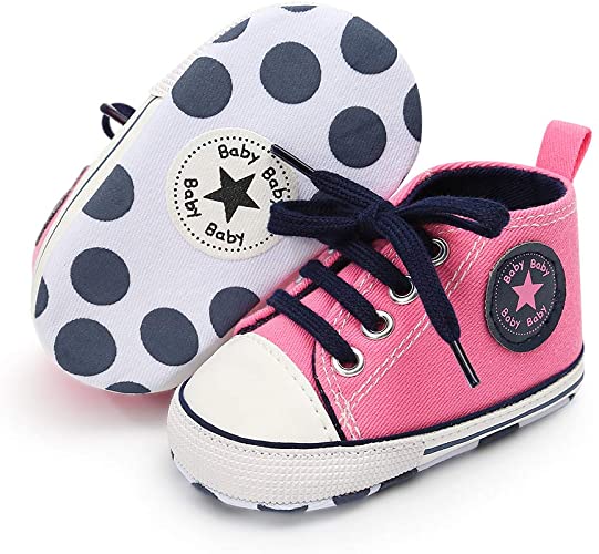 Unisex Baby Boys Girls Canvas Sneakers Soft Soled High-Top Ankle Infant Crib Shoes Toddler First Walkers