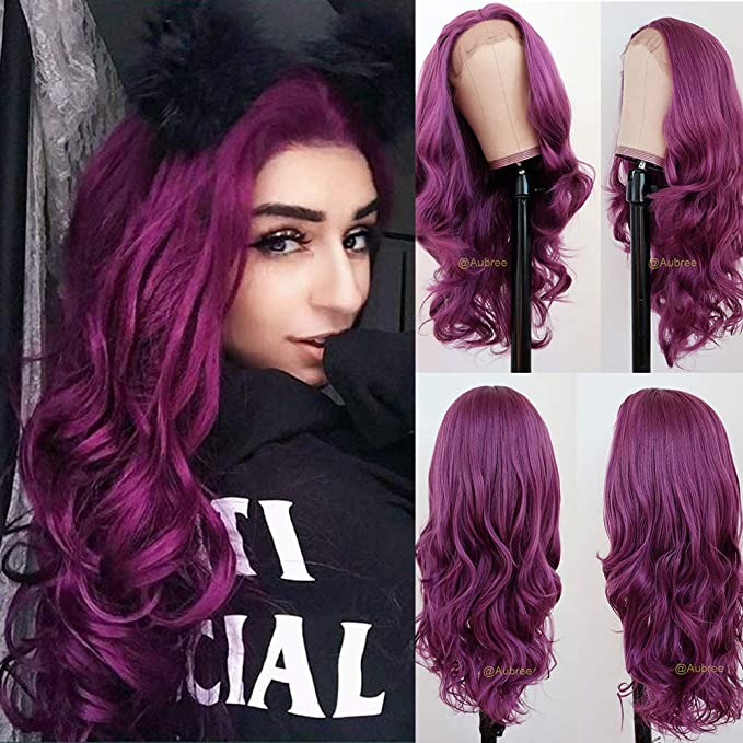 Aubree Long Purple Synthetic Lace Wig Wavy Lace Front Wigs with Natural Hairline Heat Resistant Glueless Wigs For Fashion Women 22 inch
