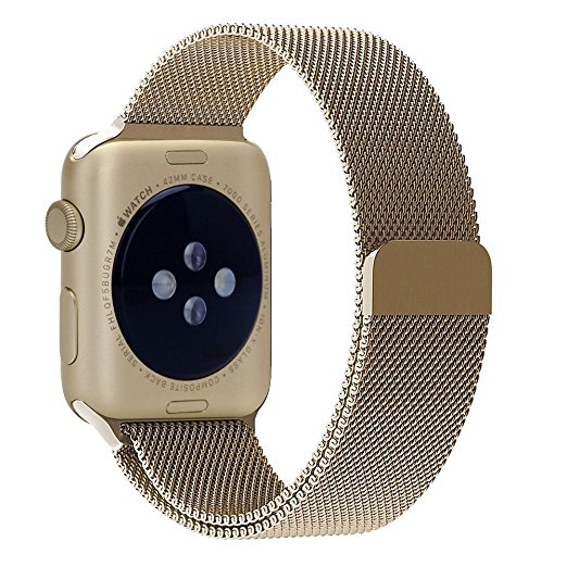 Smart Watch Band, Fully Magnetic Closure Clasp Mesh Loop Stainless Steel iWatch Band Replacement Bracelet Strap for Watch Sport&Edition 42MM-Gold