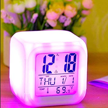 HERKZ Digital Alarm Clock for Bedroom Automatic Sensor Backlight,Heavy Sleepers,Students with Automatic 7 Colour Changing LED Smart Alarm Clock with Date &TimeTemperature for Office and Bedroom