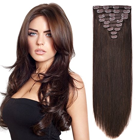 20" Clip in Hair Extension Human Hair Extensions Clip on for Fine Hair Full Head Dark Brown #2 10pieces 140grams/4.9oz