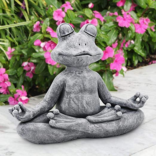 Meditating Zen Yoga Frog Figurine Garden Statue - Indoor/Outdoor Garden Sculpture for Home, Patio, Yard or Lawn 12.5", Handmade Poly Resin Grey Stone Finish