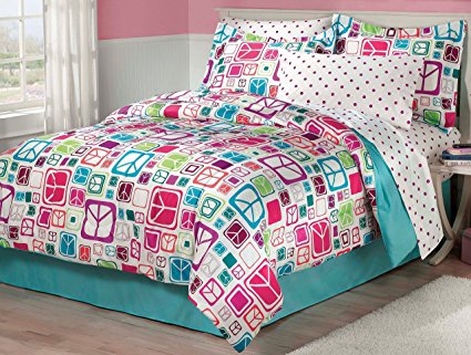 My Room Peace Out Girls Comforter Set With Bedskirt, Teal, Twin