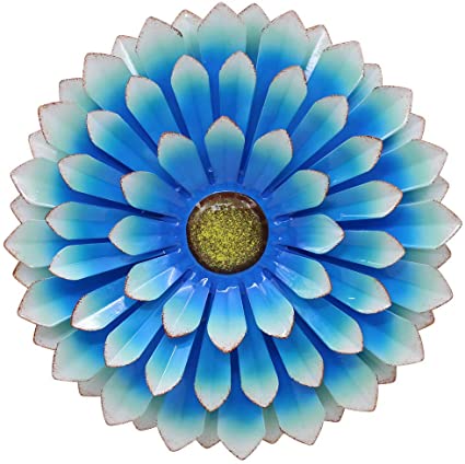 LIMEIDE Large Metal Flower Garden Wall Decor Outdoor Hanging Decoration Iron Floral Wall Art for Balcony Patio Porch Bedroom Living Room Office 14.2 inches (Blue)