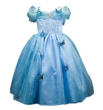 Domiray New Cinderella Dress Princess Costume Blue Butterfly Girl Dress