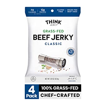 Classic Beef Jerky by Think Jerky — Delicious Chef Crafted Jerky — Grass-Fed Beef Free of Gluten, Antibiotics and Nitrates — Healthy Protein Snack Low in Calories, Fat and Salt — 2.2 Ounce (4 Pack)
