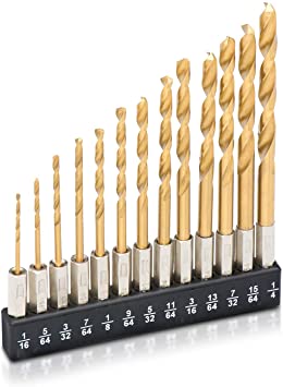 Tooluxe 10171L 1/4-Inch Hex Shank Drill Bit Set with Quick Change Design, Titanium Coated Steel 13-Piece