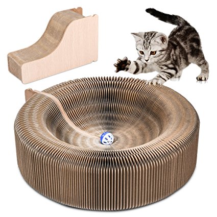 Cat Scratcher Lounge Collapsible Cardboard Scratcher Toy with Tinkle Ball & Catnip Portable High Density Recycled Corrugated Kitty Scratching Pad Cats Turbo Toys