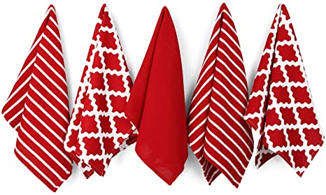 Penguin Home® - 100% Cotton Tea Towel Set of 5 - Soft - Durable - Stylish Red Design with Multiple Patterns - Machine Washable - 65 x 45cm