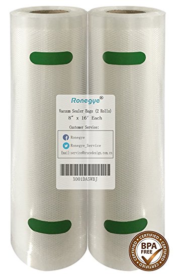 Ronegye Vacuum Sealer Bags Rolls for Food Preservation with Double-sided Texture Channels, Reusable, BPA Free, Commercial Grade, 2 Rolls of Each Size: 8" x 16' (Total 32 Feet) (Clear).