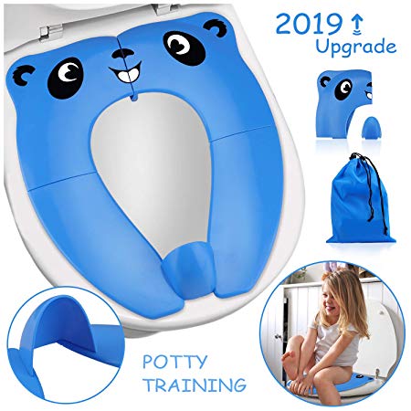 2019 Upgrade Portable Potty Seat with Splash Guard for Toddler, VIRIITA Foldable Travel Potty Seat with Carry Bag, Non-Slip Pads Toilet Potty Training Seat Covers for Baby, Toddlers and Kids (Blue)