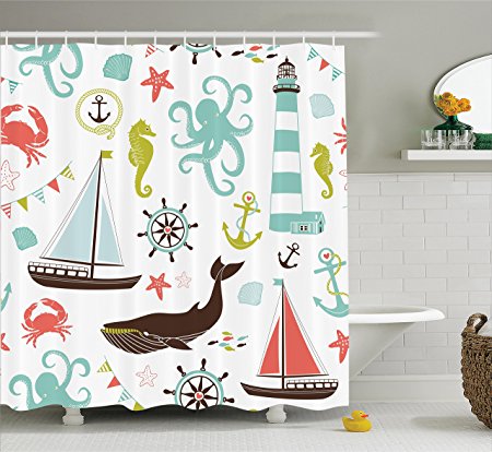 Fabric Shower Curtain by Ambesonne, Whale Shark Seahorse Sea Creatures Rope and Anchor Octopus Coral Crab Marine Lighthouse Ocean Theme Home Decor Bathroom Nautical Coastal, Coral Turquoise Brown