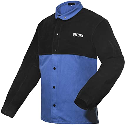 QeeLink Welding Jacket Split Leather Sleeves | Premium Flame Resistant Cotton Body Welder Jackets (Medium)