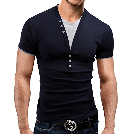 Pishon Men's Henley Shirt Slim Fit Sports Plain Button Layered V-neck Tee Shirts