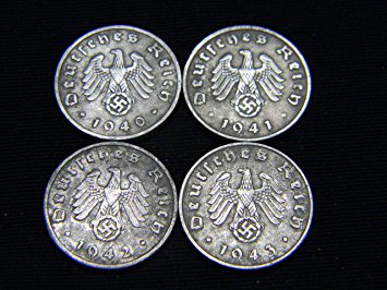Four (4) WWII German Reichspfennig Coins Dated 1940, 1941, 1942 &1943