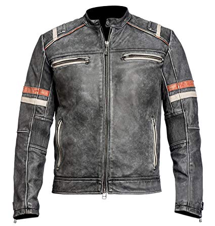 MC Vintage Retro 2nd Edition Cafe Racer Distressed Black and Plain Black Biker Genuine Leather Jacket