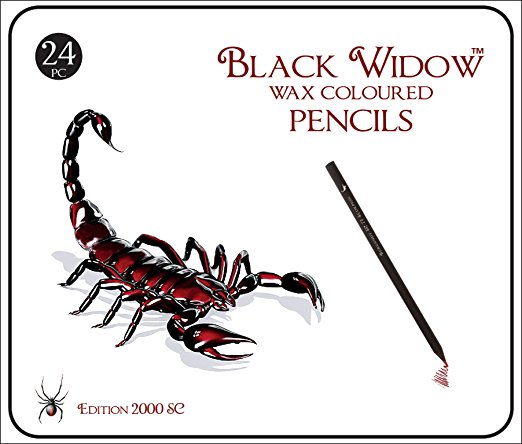 Black Widow Colored Pencils for Adults, the Best Color Pencil Set for Adult Coloring Books, A Quality 24 Piece Blackwood Drawing Kit Available to Use in your books. Scorpion Edition