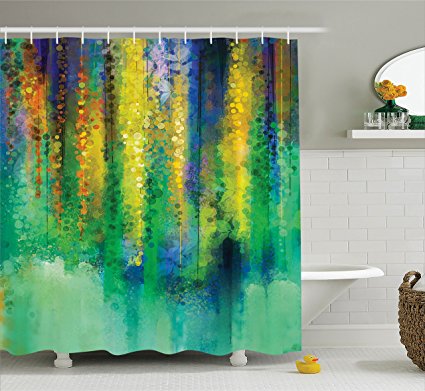 Watercolor Flower Decor Shower Curtain Set By Ambesonne, Abstract Style Spring Floral Watercolor Style Painting Image Nature Art Decor, Bathroom Accessories, 69W X 70L Inches, Green Yellow