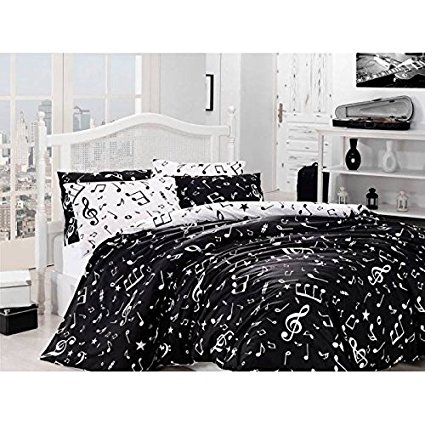 100% Cotton -6 Pieces- Black Musical Note Melody Full Double Size Duvet Cover Set