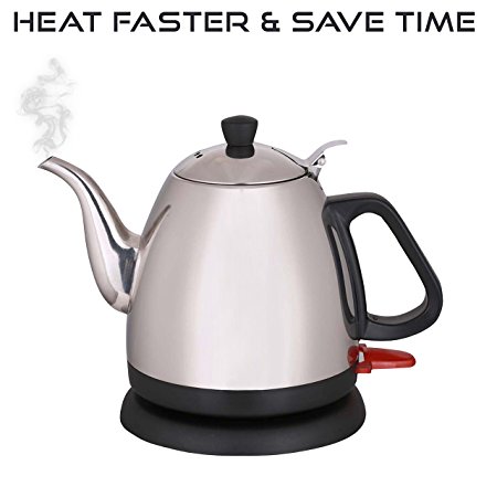 PurPower Stainless Steel Electric Kettle 1 L | Rust Proof | Ergonomic Handle With Precise Curved Gooseneck For Spill Free Pouring | Heat Fast | Cordless Teapot For Coffee, Boiling Water, Tea & More