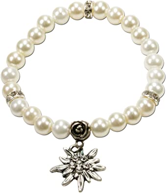 Alpenflüstern Bavarian Pearl Bracelet with Small Edelweiss (White) - Traditional German Dirndl, Lederhose Jewelry