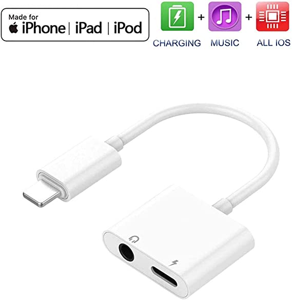 Headphone Adapter 2 in 1 3.5mm Earphone Headphone Adapter for iPhone 11 pro car Charger Dongle Cable Headphone Jack Adapter for iPhone/Xs Max/Xr/8/Plus/7/7Plus Audio Splitter Accessory Supports